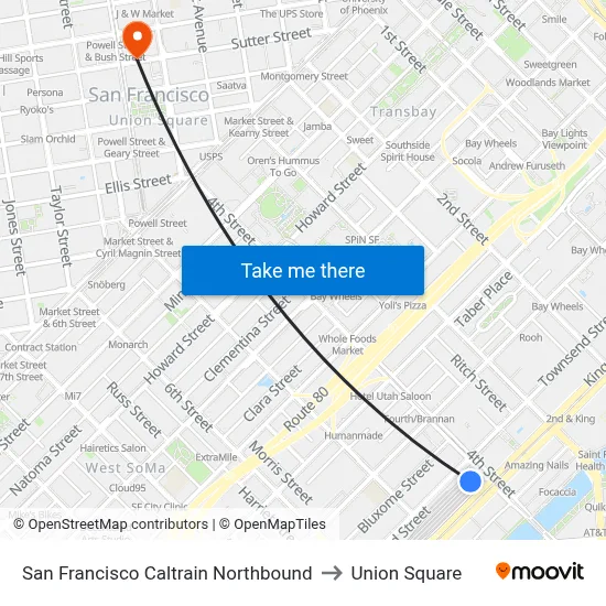 San Francisco Caltrain Northbound to Union Square map