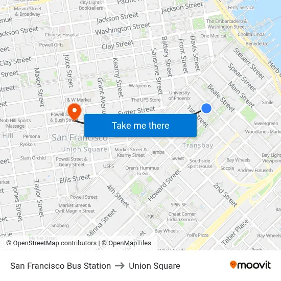 San Francisco Bus Station to Union Square map
