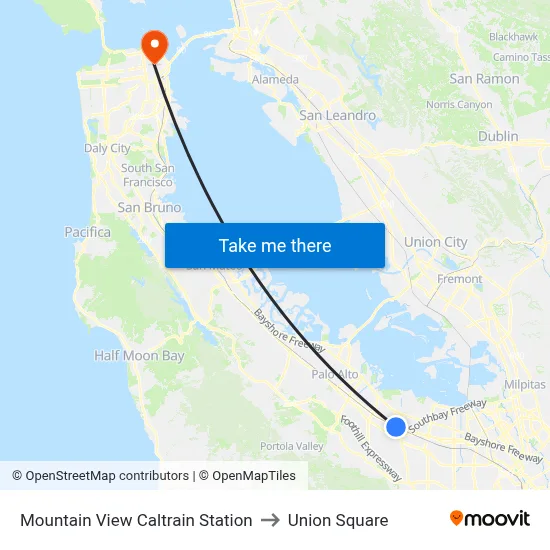 Mountain View Caltrain Station to Union Square map