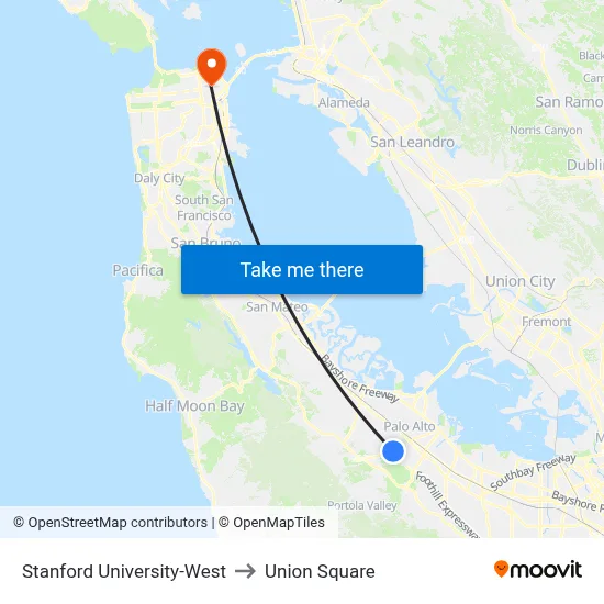 Stanford University-West, 355 Galvez St to Union Square map