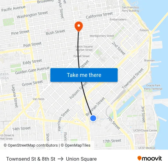 Townsend St & 8th St to Union Square map