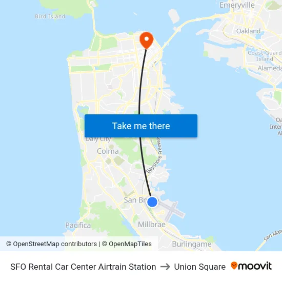 SFO Rental Car Center Airtrain Station to Union Square map