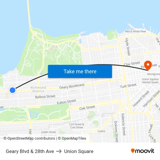 Geary Blvd & 28th Ave to Union Square map