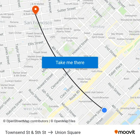Townsend St & 5th St to Union Square map