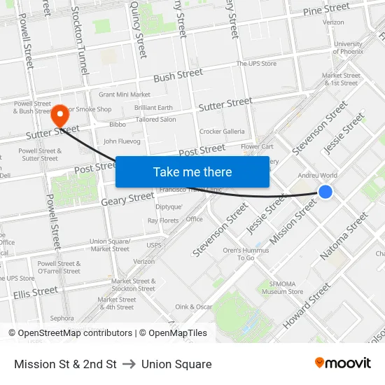 Mission St & 2nd St to Union Square map
