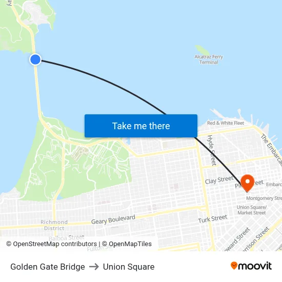 Golden Gate Bridge to Union Square map
