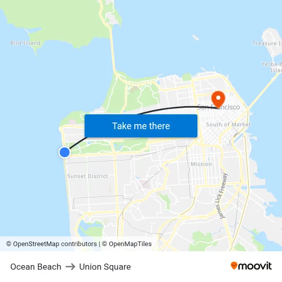 Ocean Beach to Union Square map