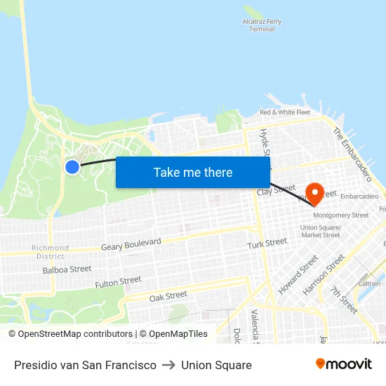 Presidio van San Francisco to Union Square map