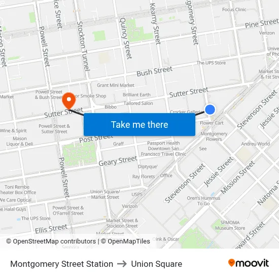 Montgomery Street Station to Union Square map