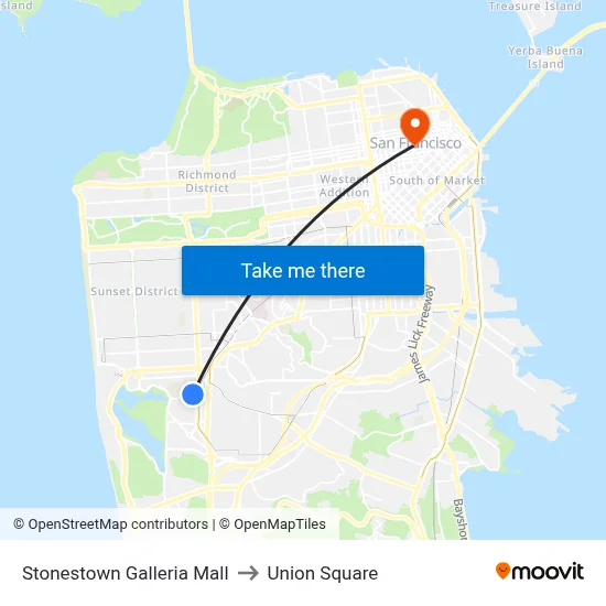 Stonestown Galleria Mall to Union Square map