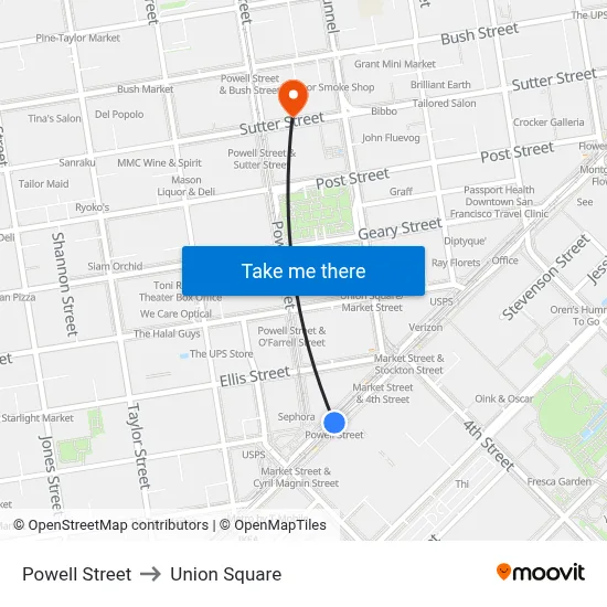 Powell Street to Union Square map