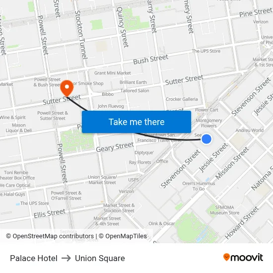 Palace Hotel to Union Square map