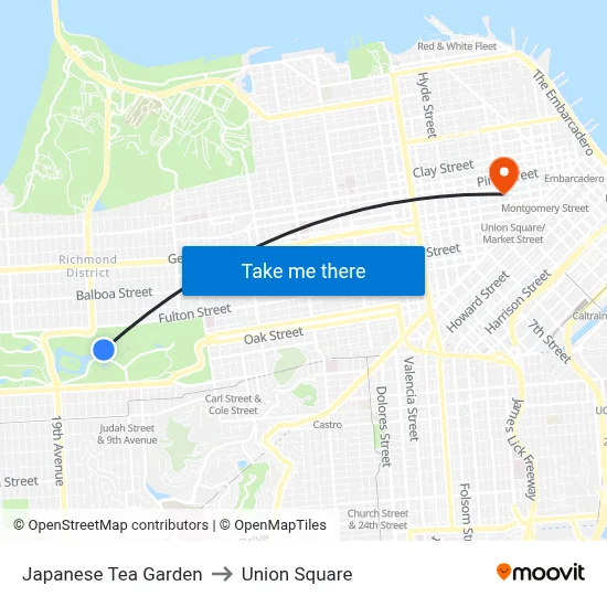 Japanese Tea Garden to Union Square map