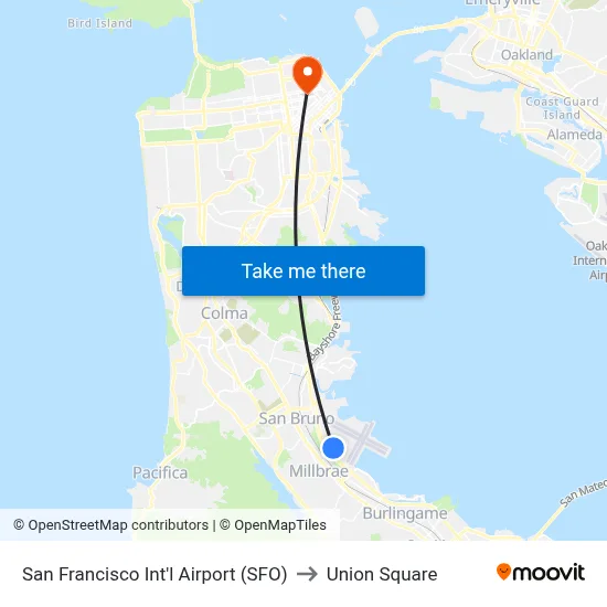 San Francisco Int'l Airport (SFO) to Union Square map