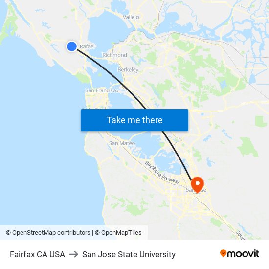 Fairfax CA USA to San Jose State University map