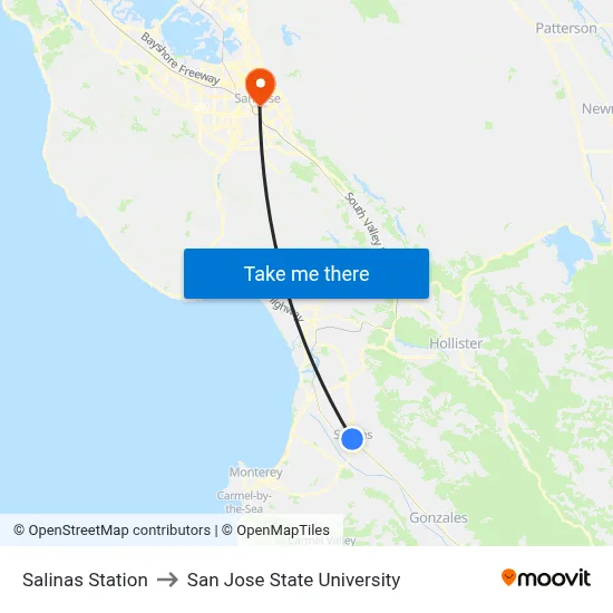 Salinas Station to San Jose State University map