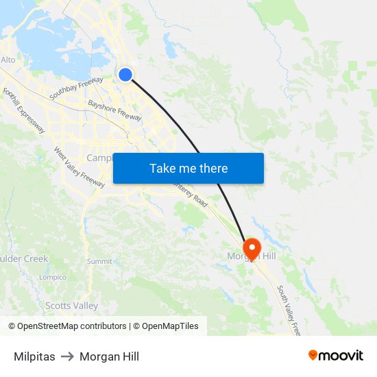 Milpitas to Morgan Hill map