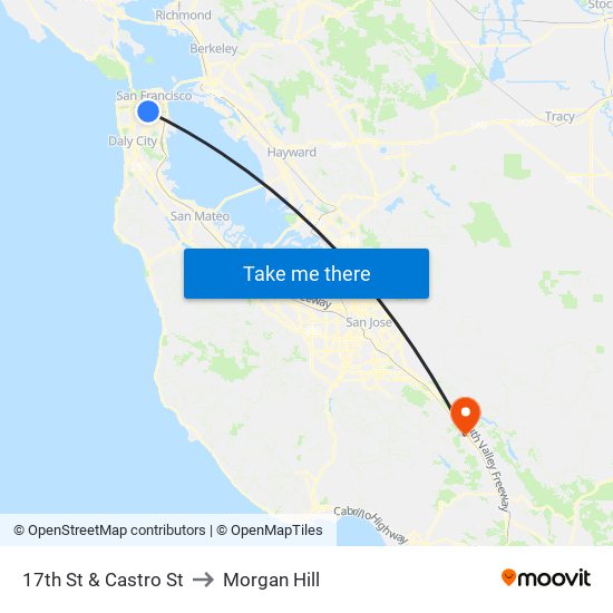 17th St & Castro St to Morgan Hill map