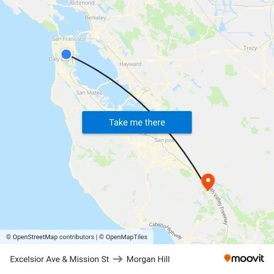 Excelsior Ave & Mission St to Morgan Hill map
