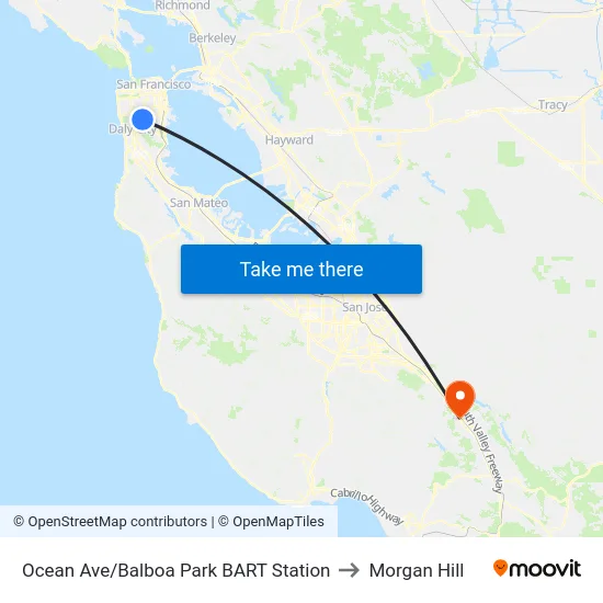 Ocean Ave/Balboa Park BART Station to Morgan Hill map
