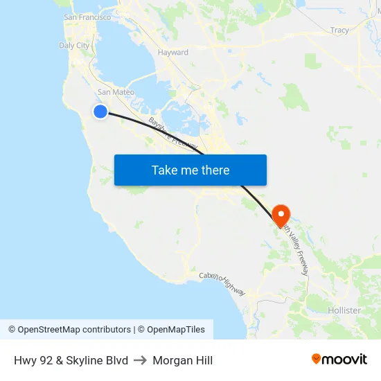 Hwy 92  & Skyline Blvd to Morgan Hill map