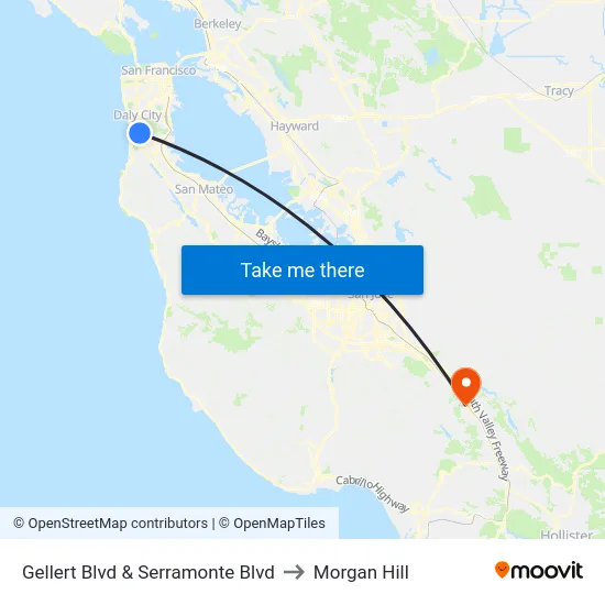 Gellert Blvd & Serramonte Blvd to Morgan Hill map