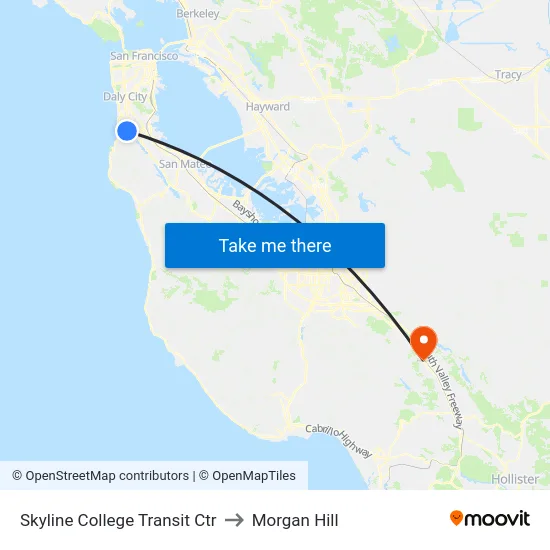 Skyline College Transit Ctr to Morgan Hill map