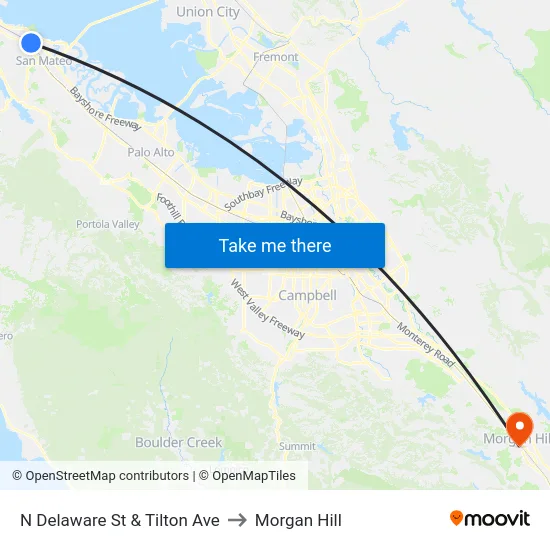 N Delaware St & Tilton Ave to Morgan Hill map