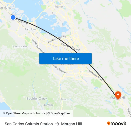 San Carlos Caltrain Station to Morgan Hill map