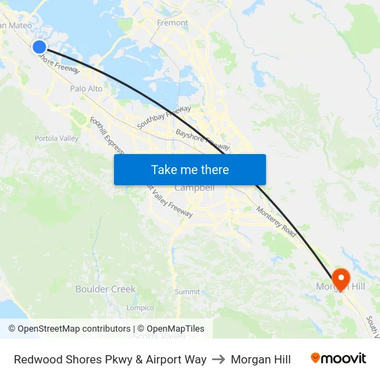 Redwood Shores Pkwy & Airport Way to Morgan Hill map