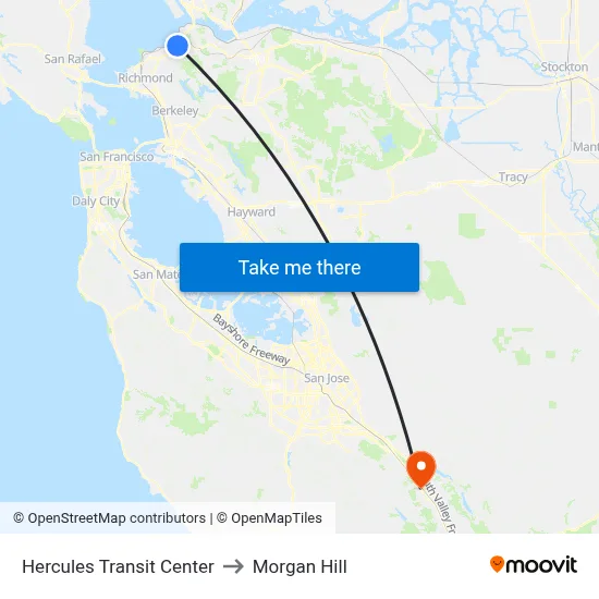 Hercules Transit Center to Morgan Hill map