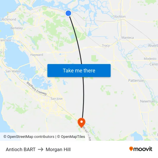 Antioch BART to Morgan Hill map