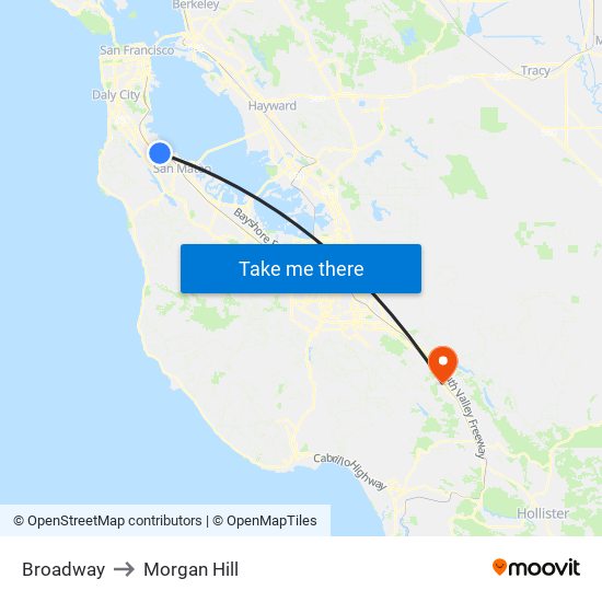 Broadway to Morgan Hill map