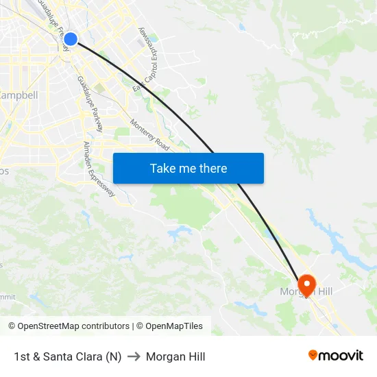 1st & Santa Clara (N) to Morgan Hill map