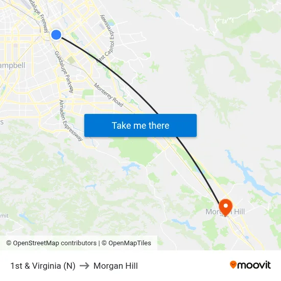 1st & Virginia (N) to Morgan Hill map