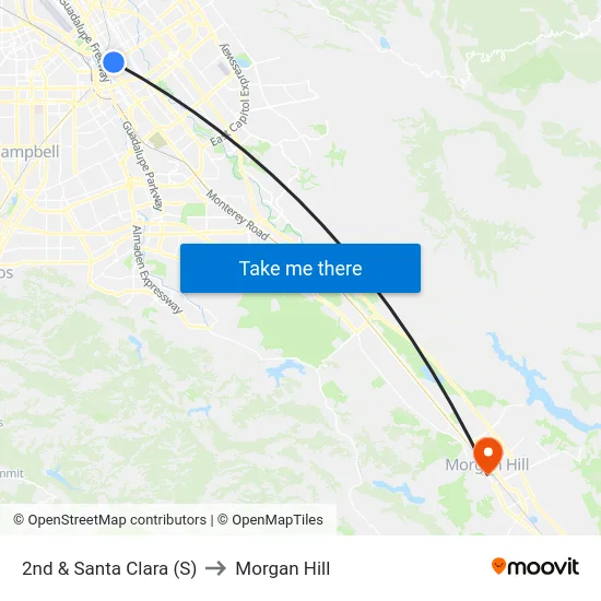 2nd & Santa Clara (S) to Morgan Hill map