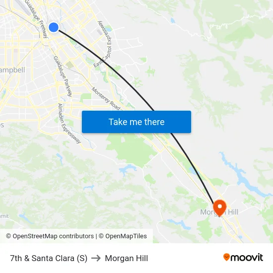 7th & Santa Clara (S) to Morgan Hill map