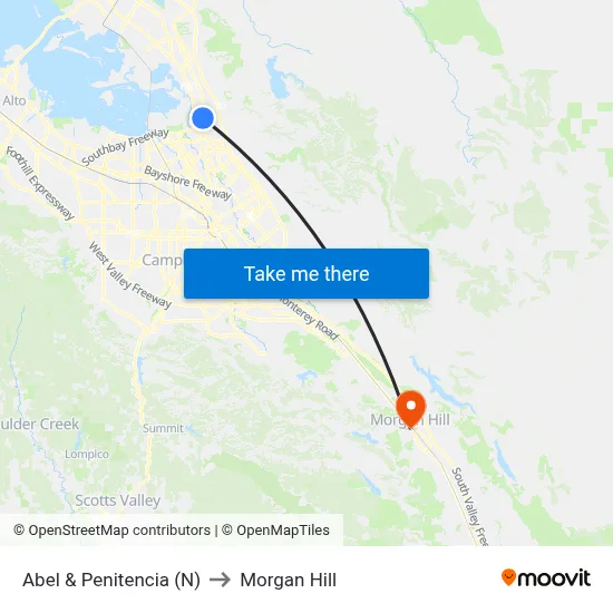 Abel & Penitencia (N) to Morgan Hill map