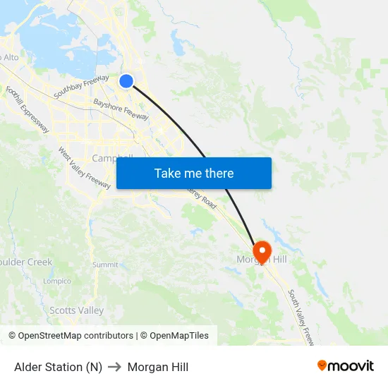 Alder Station (N) to Morgan Hill map