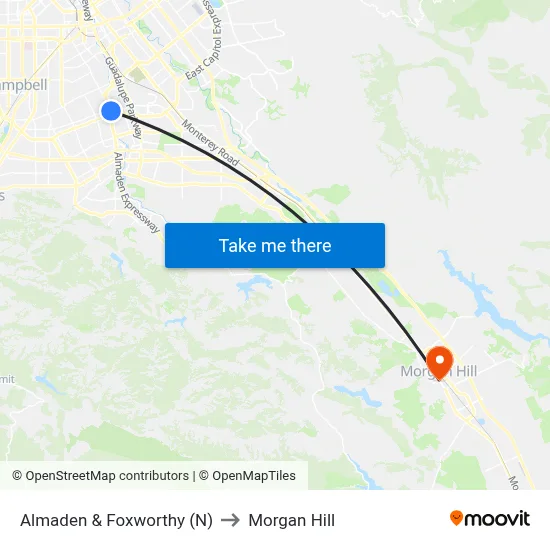 Almaden & Foxworthy (N) to Morgan Hill map