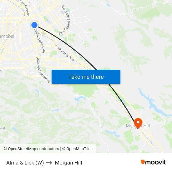 Alma & Lick (W) to Morgan Hill map