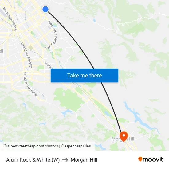 Alum Rock & White (W) to Morgan Hill map