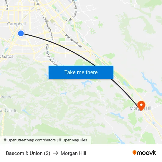 Bascom & Union (S) to Morgan Hill map