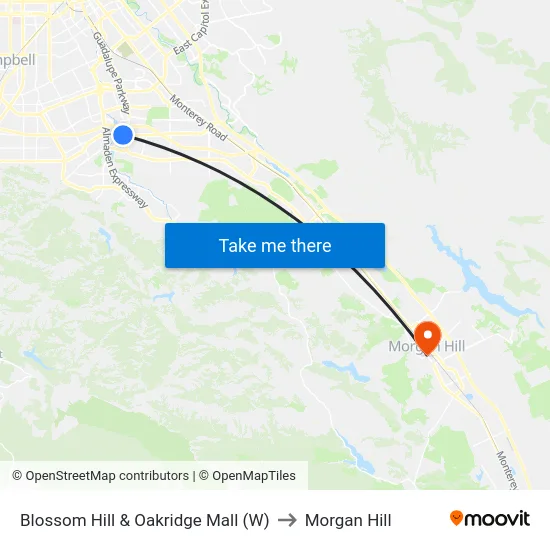 Blossom Hill & Oakridge Mall (W) to Morgan Hill map