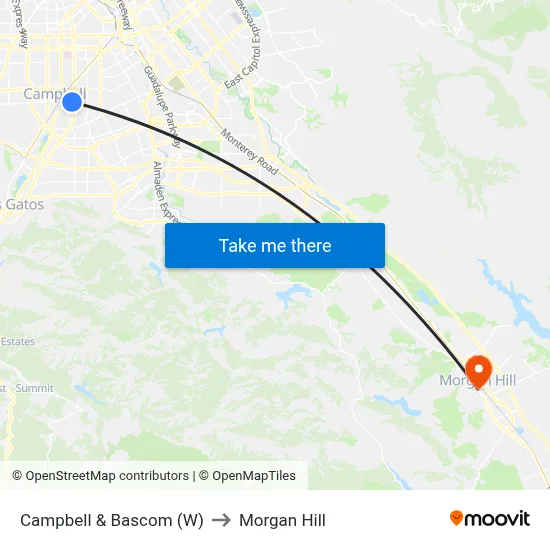 Campbell & Bascom (W) to Morgan Hill map