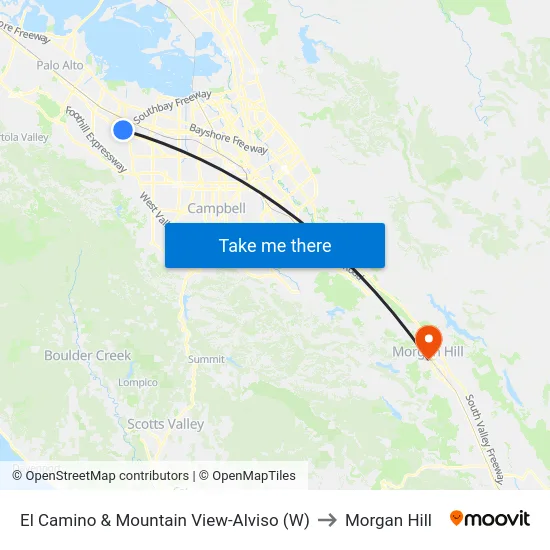 El Camino & Mountain View-Alviso (W) to Morgan Hill map