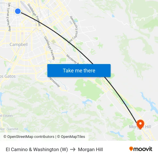 El Camino & Washington (W) to Morgan Hill map