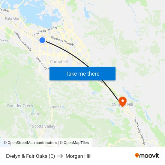 Evelyn & Fair Oaks (E) to Morgan Hill map