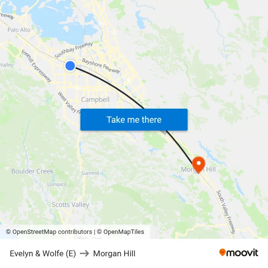 Evelyn & Wolfe (E) to Morgan Hill map