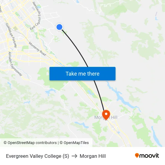 Evergreen Valley College (S) to Morgan Hill map
